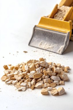 Maden ocağı, sarı kum, taşlar, dozer, sarı tema, minimal. ai oluşturuldu