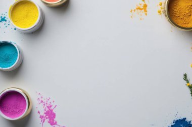 Beyaz arka plan ve küçük renkli toz kavanozları. Parlak renkli pigmentler. ai oluşturuldu