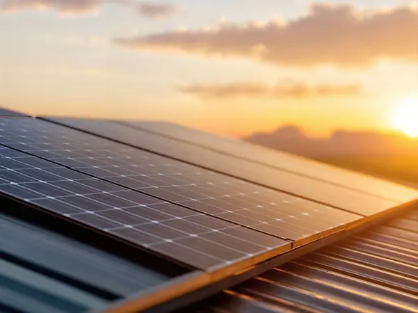 Jet-black parlak güneş panelleri güneş batarken bir evin çatısını kaplıyor.