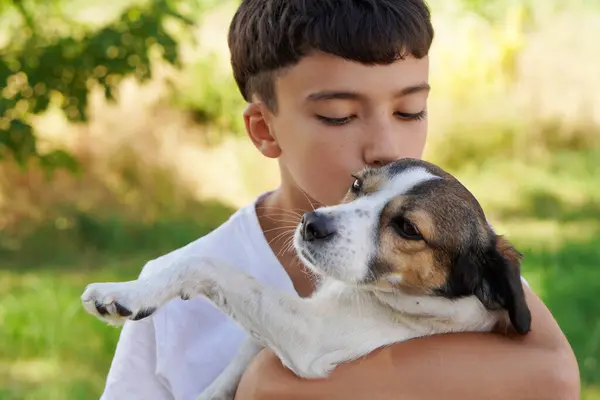 Evcil hayvanlarla hayat. Bahçede köpeğine sarılan genç bir çocuğun portresi..