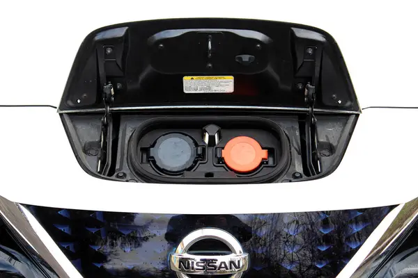 Vinnytsia, Ukrayna; 21 Şubat 2024. Elektrikli araba Nissan Leaf prizleri tip 2 ve CHAdeMO açık. Elektrikli Araç EV Şarj Soketi.