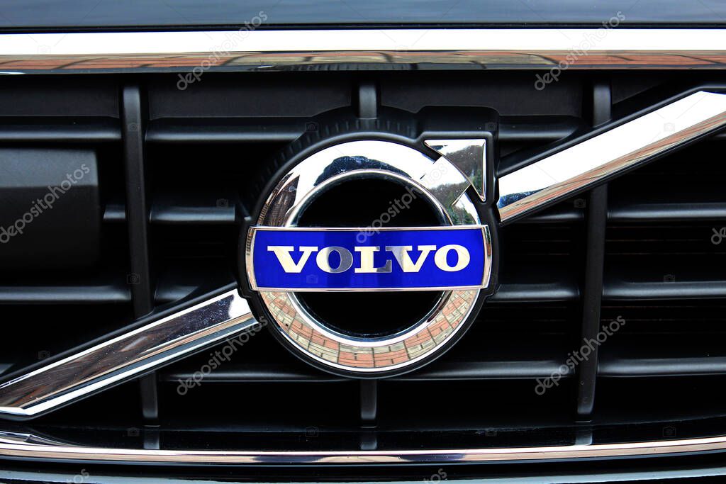 Vinnytsia, Ukraine; March 23, 2024. Volvo XC60 radiator grill. Close up Volvo emblem. Volvo logo. Front view.
