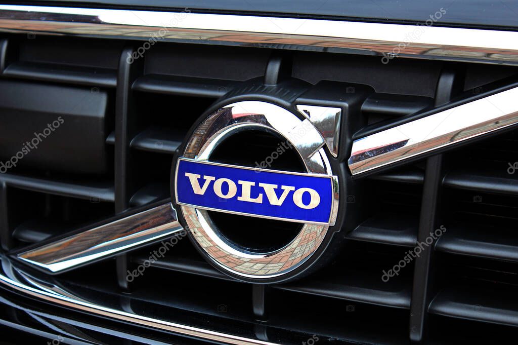 Vinnytsia, Ukraine; March 23, 2024. Volvo XC60 radiator grill. Close up Volvo emblem. Volvo logo. Left view.