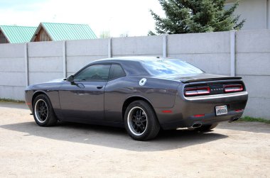 Vinnytsia, Ukrayna; 13 Nisan 2024. Gri Dodge Challenger şehir caddesinde. Amerikan süper şarjlı spor arabası Dodge Challenger park yerinde. Arka sol görünüm.