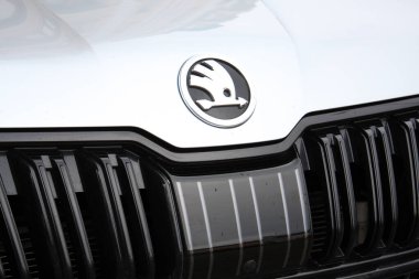 Vinnytsia, Ukrayna; 30 Ocak 2025. Gri Skoda Kodiaq RS amblemi kapat. Ön radar sensörü. ADAS Sistemleri. Skoda Kodiaq RS logosu ve amblemi ön tarafta. Skoda Kodiaq radyatör ızgarası.