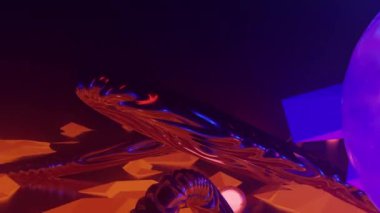 Organik metal kavisli, ışık çekirdekli ve merkezi merkezli fantastik yabancı gezegen turuncu manzarası. 3D görsel sanat, 4k çözünürlük.