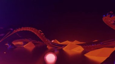 Organik metal kavisli, ışık çekirdekli ve merkezi merkezli fantastik yabancı gezegen turuncu manzarası. 3D görsel sanat, 4k çözünürlük.