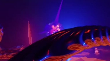 Organik metal kavisli, ışık çekirdekli ve merkezi merkezli fantastik yabancı gezegen turuncu manzarası. 3D görsel sanat, 4k çözünürlük.