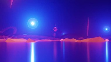 Organik metal kavisli, ışık çekirdekli ve merkezi merkezli fantastik yabancı gezegen turuncu manzarası. 3D görsel sanat, 4k çözünürlük.