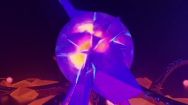 Organik metal kavisli, ışık çekirdekli ve merkezi merkezli fantastik yabancı gezegen turuncu manzarası. 3D görsel sanat, 4k çözünürlük.