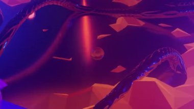 Organik metal kavisli, ışık çekirdekli ve merkezi merkezli fantastik yabancı gezegen turuncu manzarası. 3D görsel sanat, 4k çözünürlük.