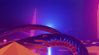 Organik metal kavisli, ışık çekirdekli ve merkezi merkezli fantastik yabancı gezegen turuncu manzarası. 3D görsel sanat, 4k çözünürlük.