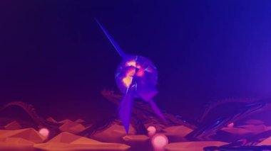 Organik metal kavisli, ışık çekirdekli ve merkezi merkezli fantastik yabancı gezegen turuncu manzarası. 3d canlandırma görselleri, 4k çözünürlüklü kusursuz ve döngü.