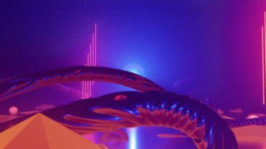 Organik metal kavisli, ışık çekirdekli ve merkezi merkezli fantastik yabancı gezegen turuncu manzarası. 3d canlandırma görselleri, 4k çözünürlüklü kusursuz ve döngü.