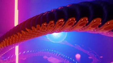 Organik metal kavisli, ışık çekirdekli ve merkezi merkezli fantastik yabancı gezegen turuncu manzarası. 3d canlandırma görselleri, 4k çözünürlüklü kusursuz ve döngü.