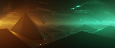 3D canlandırma canlandırması. Karanlık vadi üzerinde fütürist uçuşlar ve Teal ve Turuncu dijital manzara.