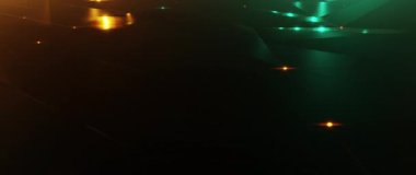 Karanlık vadi üzerinde fütürist uçuşlar ve parlak deniz mavisi ve turuncu dijital manzara.