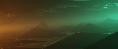 Karanlık vadi üzerinde fütürist uçuşlar ve parlak deniz mavisi ve turuncu dijital manzara.