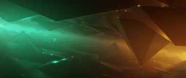 Karanlık vadi üzerinde fütürist uçuşlar ve parlak deniz mavisi ve turuncu dijital manzara.