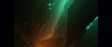 Karanlık vadi üzerinde fütürist uçuşlar ve parlak deniz mavisi ve turuncu dijital manzara.