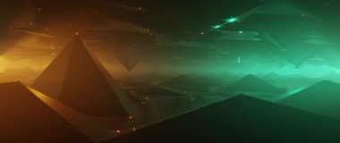 Karanlık vadi üzerinde fütürist uçuşlar ve parlak deniz mavisi ve turuncu dijital manzara.