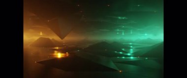 Karanlık vadi üzerinde fütürist uçuşlar ve parlak deniz mavisi ve turuncu dijital manzara.