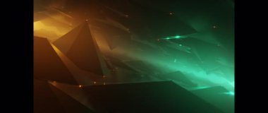 Karanlık vadi üzerinde fütürist uçuşlar ve parlak deniz mavisi ve turuncu dijital manzara.