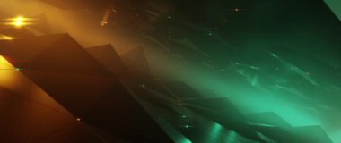 Karanlık vadi üzerinde fütürist uçuşlar ve parlak deniz mavisi ve turuncu dijital manzara.