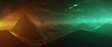 Karanlık vadi üzerinde fütürist uçuşlar ve parlak deniz mavisi ve turuncu dijital manzara.