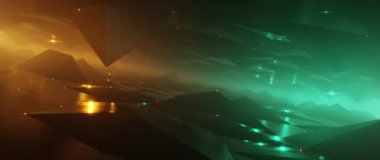 Karanlık vadi üzerinde fütürist uçuşlar ve parlak deniz mavisi ve turuncu dijital manzara.