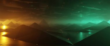 Karanlık vadi üzerinde fütürist uçuşlar ve parlak deniz mavisi ve turuncu dijital manzara.