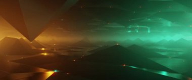 Karanlık vadi üzerinde fütürist uçuşlar ve parlak deniz mavisi ve turuncu dijital manzara.