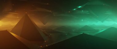 Karanlık vadi üzerinde fütürist uçuşlar ve parlak deniz mavisi ve turuncu dijital manzara.