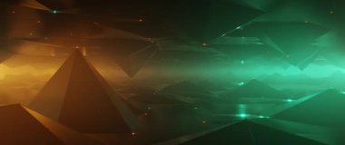 Karanlık vadi üzerinde fütürist uçuşlar ve parlak deniz mavisi ve turuncu dijital manzara.