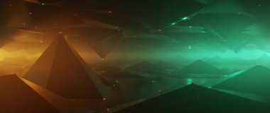 Karanlık vadi üzerinde fütürist uçuşlar ve parlak deniz mavisi ve turuncu dijital manzara.