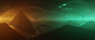 Karanlık vadi üzerinde fütürist uçuşlar ve parlak deniz mavisi ve turuncu dijital manzara.