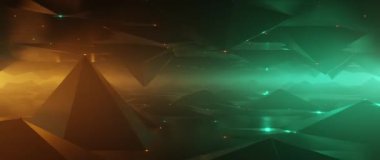 Karanlık vadi üzerinde fütürist uçuşlar ve parlak deniz mavisi ve turuncu dijital manzara.