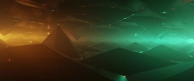 Karanlık vadi üzerinde fütürist uçuşlar ve parlak deniz mavisi ve turuncu dijital manzara.