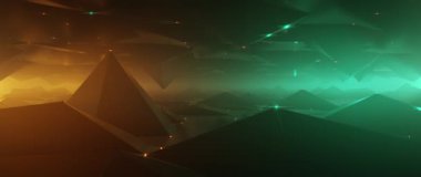 Karanlık vadi üzerinde fütürist uçuşlar ve parlak deniz mavisi ve turuncu dijital manzara.