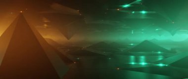 Karanlık vadi üzerinde fütürist uçuşlar ve parlak deniz mavisi ve turuncu dijital manzara.