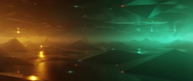 Karanlık vadi üzerinde fütürist uçuşlar ve parlak deniz mavisi ve turuncu dijital manzara.