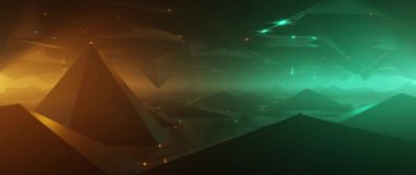 Karanlık vadi üzerinde fütürist uçuşlar ve parlak deniz mavisi ve turuncu dijital manzara.