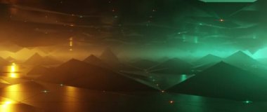 Karanlık vadi üzerinde fütürist uçuşlar ve parlak deniz mavisi ve turuncu dijital manzara.