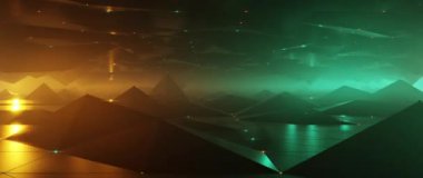 Karanlık vadi üzerinde fütürist uçuşlar ve parlak deniz mavisi ve turuncu dijital manzara.