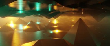 Karanlık vadi üzerinde fütürist uçuşlar ve parlak deniz mavisi ve turuncu dijital manzara.