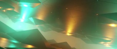 Karanlık vadi üzerinde fütürist uçuşlar ve parlak deniz mavisi ve turuncu dijital manzara.