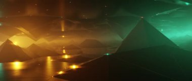 Karanlık vadi üzerinde fütürist uçuşlar ve parlak deniz mavisi ve turuncu dijital manzara.