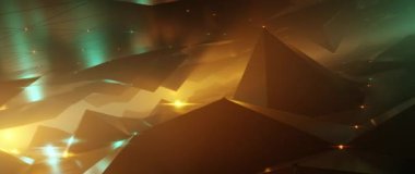 Karanlık vadi üzerinde fütürist uçuşlar ve parlak deniz mavisi ve turuncu dijital manzara.