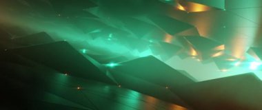 Karanlık vadi üzerinde fütürist uçuşlar ve parlak deniz mavisi ve turuncu dijital manzara.