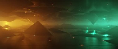 Karanlık vadi üzerinde fütürist uçuşlar ve parlak deniz mavisi ve turuncu dijital manzara.